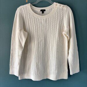 Talbots White Cable Knit Long Sleeve Crew Sweater Button Shoulder XP Rib NWT